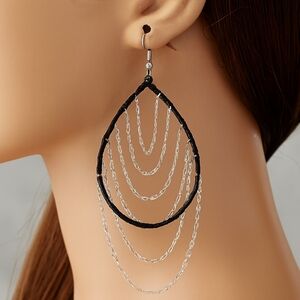 Women's Silver Black Beaded Hoop Drop Earrings - Dangling Chain Fashion Jewelry